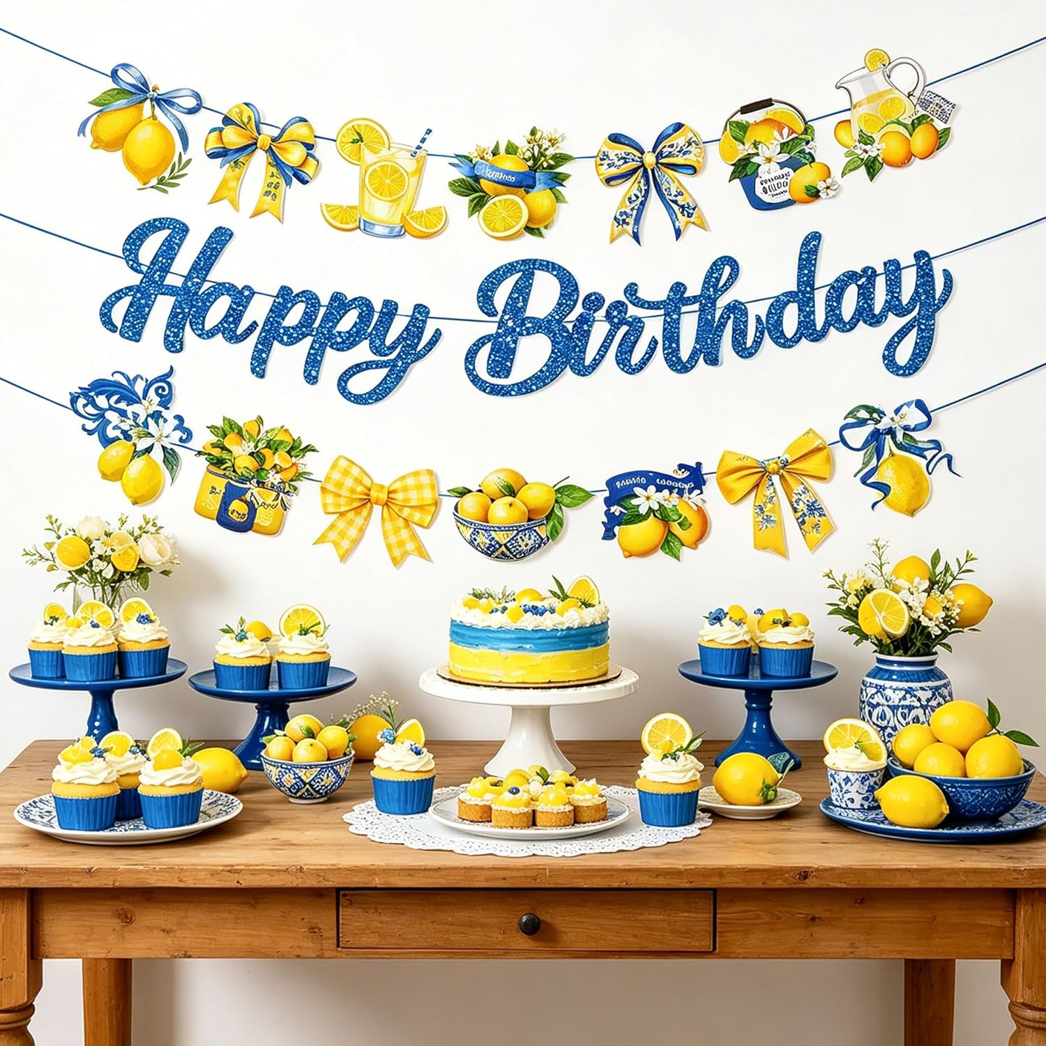 Science Of Happiness - Blau-Gelbes Zitronen-Geburtstagsbanner-Set, Capri-Zitronenbanner, Italienische Blaue Fliesen-Geburtstagsparty-Dekorationen,